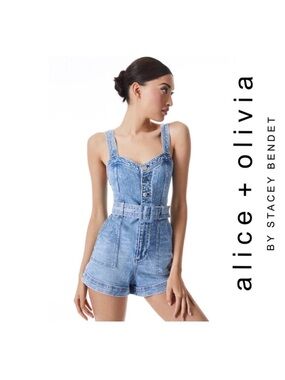 New! ALICE + OLIVIA “Kei” Sweetheart Neckline Corset Denim Romper Jumpsuit
